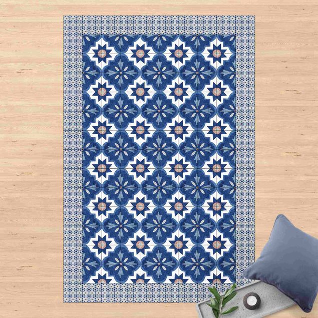 tappeto per terrazzo esterno Piastrelle marocchine acquerello blu con cornice di piastrelle
