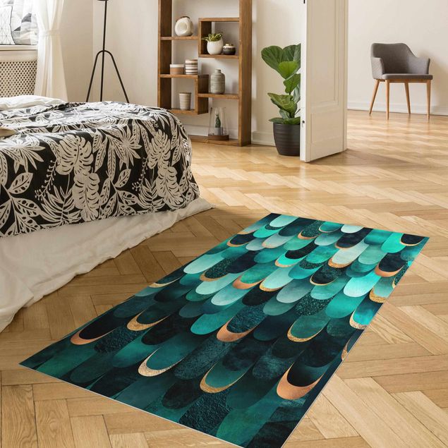 tappeto design moderno Piume Oro Turchese