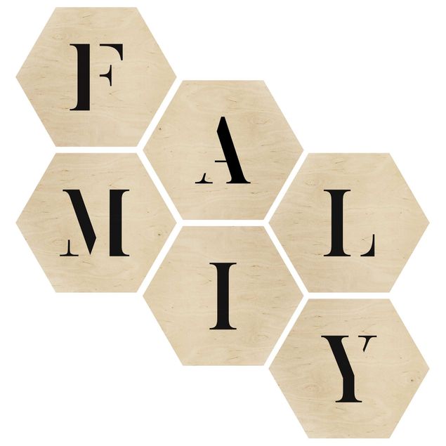 Esagono in legno - Lettere famiglia nera Set II