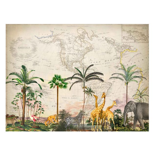 Quadri fiori Collage vintage - Animali selvatici sulla mappa del mondo