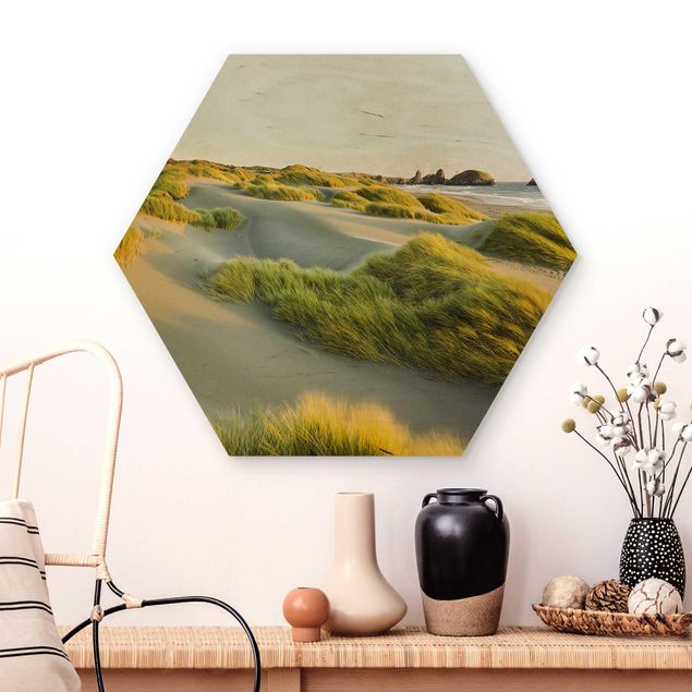 Quadri in legno con spiaggia Dune ed erbe sul mare