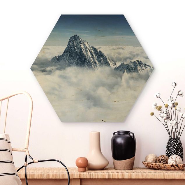 Quadri in legno con paesaggio Le Alpi sopra le nuvole