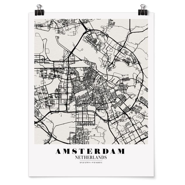 Poster bianco e nero Mappa della città di Amsterdam - Classica