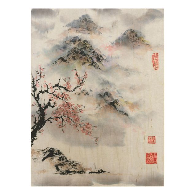 Quadri in legno con paesaggio Disegno acquerello giapponese Ciliegio e montagne