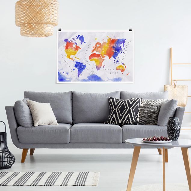 Cartina mondo da parete Mappa del mondo acquerello viola rosso giallo