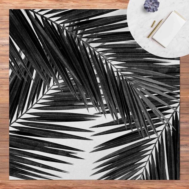 tappeto design moderno Vista sulle foglie di palma in bianco e nero