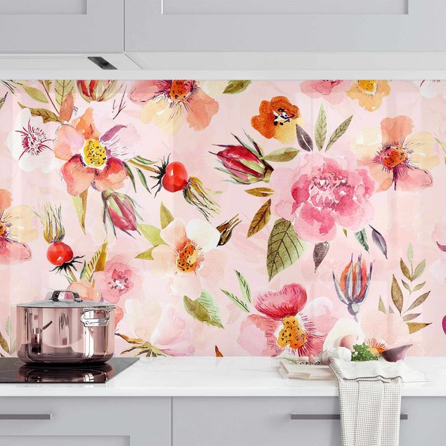 Rivestimento cucina con disegni Fiori ad acquerello su rosa chiaro