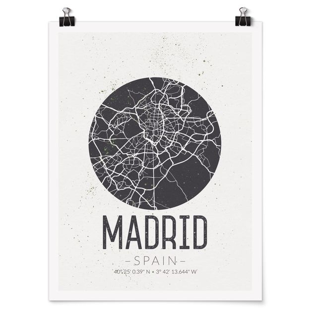 Poster bianco nero Mappa di Madrid - Retrò