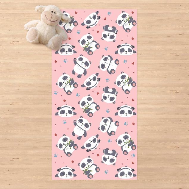 tappeti da esterno Tenero panda con impronte di zampe e cuori rosa pastello