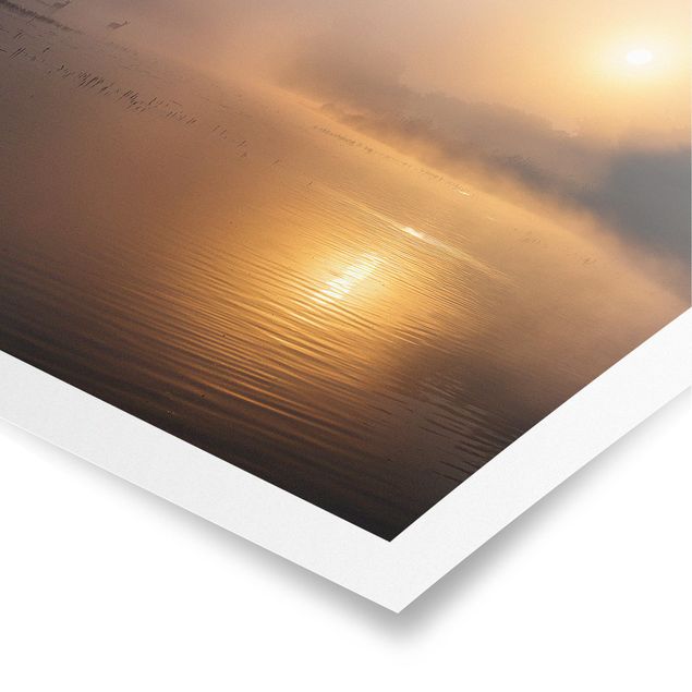 Poster natura paesaggi Alba sul lago con cervi nella nebbia