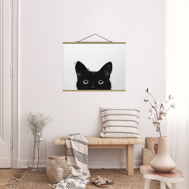 Quadri bianco e nero Illustrazione - Gatto nero su pittura bianca