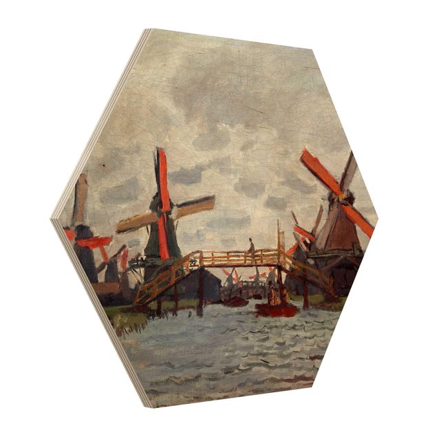Quadri in legno con architettura e skylines Claude Monet - Mulini a vento a Westzijderveld, vicino a Zaandam