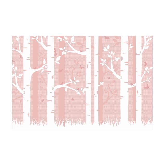 Tappeti con motivi naturali Bosco di betulle rosa con farfalle e uccelli