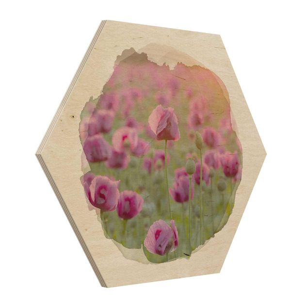 Quadri in legno Acquerelli - Prato di fiori di papavero viola in primavera