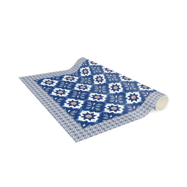 tappeti floreali moderni Piastrelle marocchine acquerello blu con cornice di piastrelle