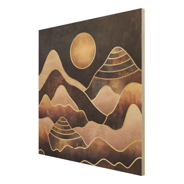 Quadri in legno con paesaggio Sole d'oro Montagne astratte