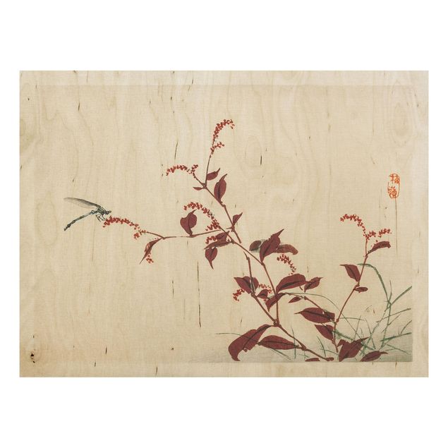 Quadri in legno con fiori Disegno vintage asiatico ramo rosso con libellula