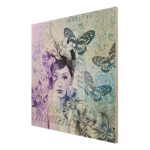 Quadri stampe Collage Shabby Chic - Ritratto con farfalle