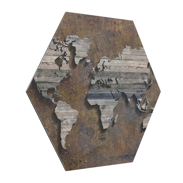 Quadro marrone Mappa del mondo con griglia di legno