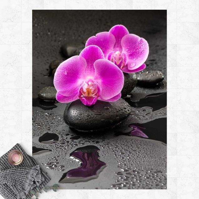 tappeto terrazzo Fiore di orchidea rosa su pietra con gocce