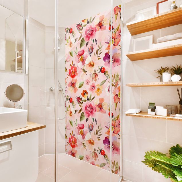 Rivestimento per doccia - Fiori in acquerello su rosa