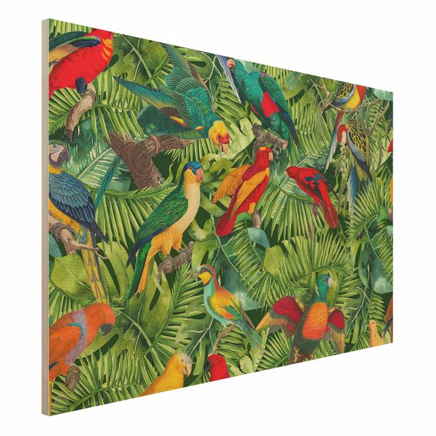 Quadri in legno con fiori Collage colorato - Pappagalli nella giungla