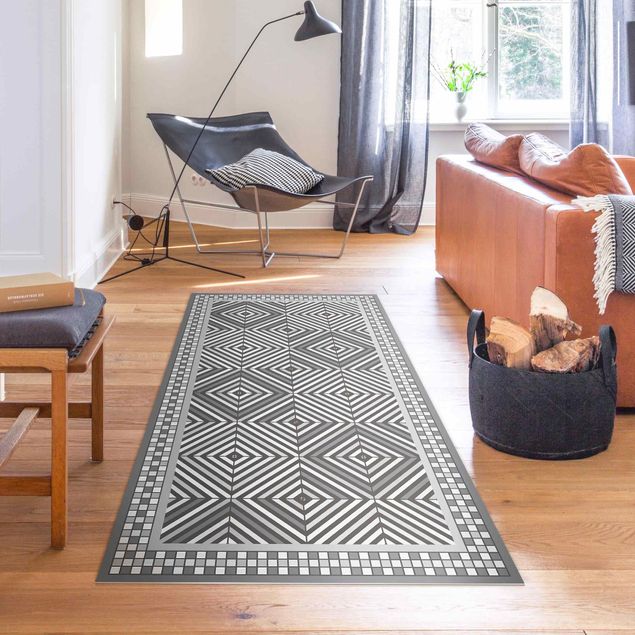 tappeti da esterno Piastrelle geometriche Vortice Grigio con cornice a mosaico stretta
