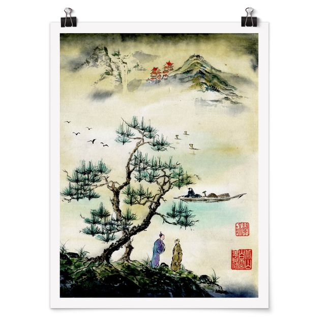 Poster vintage Disegno acquerello giapponese pino e villaggio di montagna