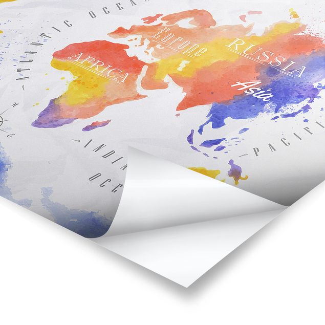Stampe poster Mappa del mondo acquerello viola rosso giallo