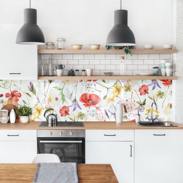 Rivestimenti per cucina con disegni Coccinella con papaveri in acquerello
