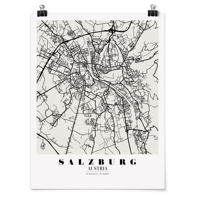 Poster bianco e nero Mappa di Salisburgo - Classica