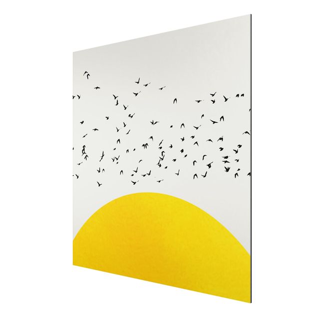Riproduzione quadri famosi Stormo di uccelli di fronte al sole giallo
