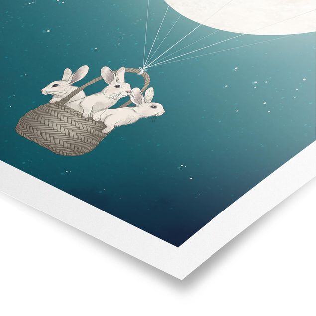 Quadri Laura Graves Art Illustrazione - Conigli e luna come mongolfiera cielo stellato