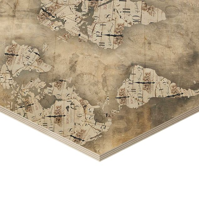 Esagono in legno - Shabby Orologi Mappa del mondo