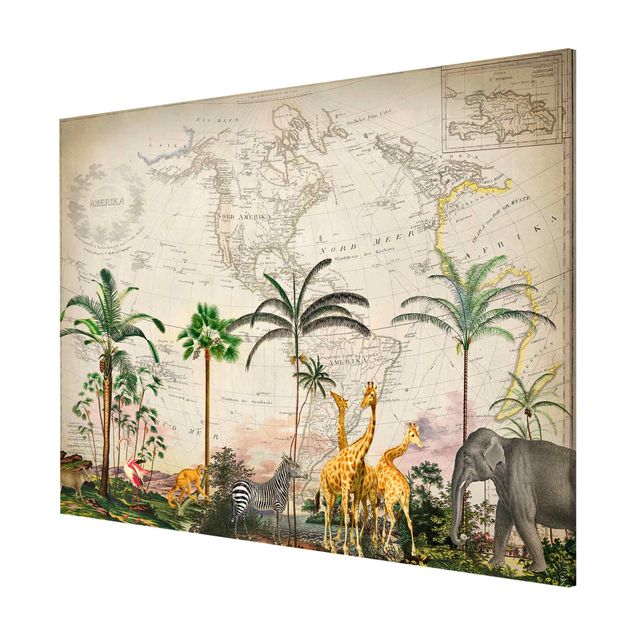 Quadro vintage Collage vintage - Animali selvatici sulla mappa del mondo