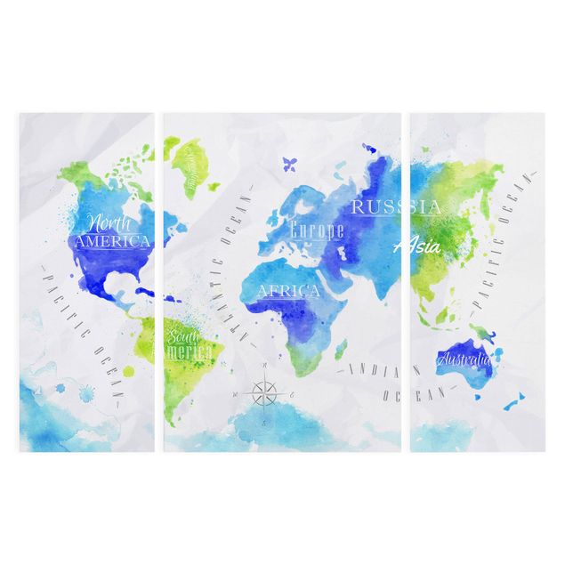 Quadro moderno blu Mappa del mondo Acquerello Blu Verde