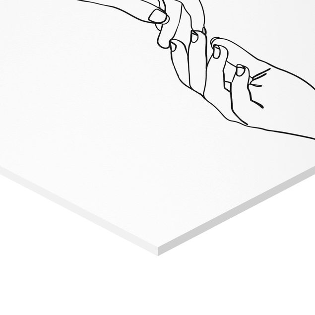 Quadro esagonale Line Art - Mani che si toccano Bianco e nero
