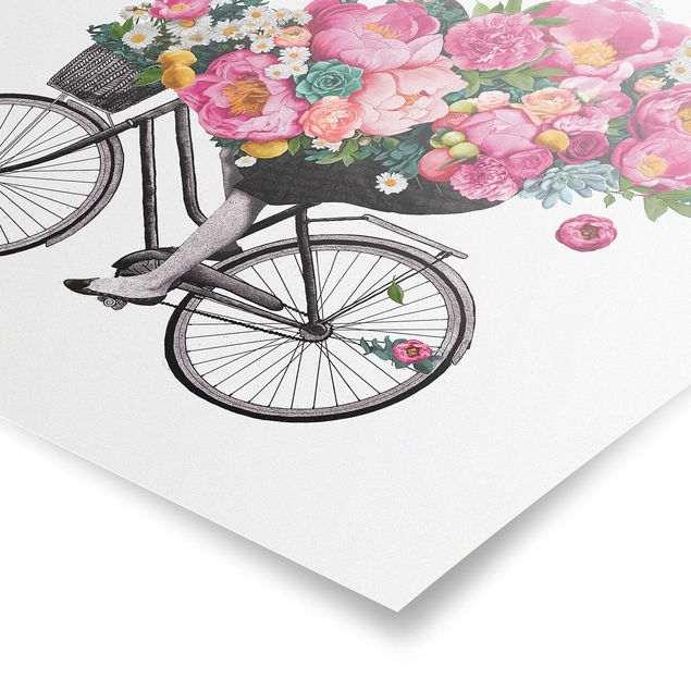 Quadri Laura Graves Art Illustrazione - Donna in bicicletta - Collage di fiori colorati