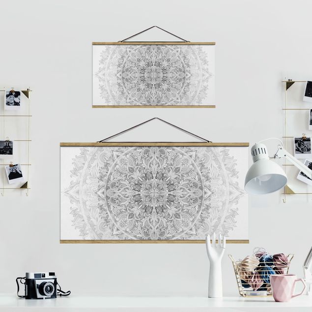 Foto su tessuto da parete con bastone - Mandala Acquerello Ornament Pattern Bianco e nero - Orizzontale 1:2