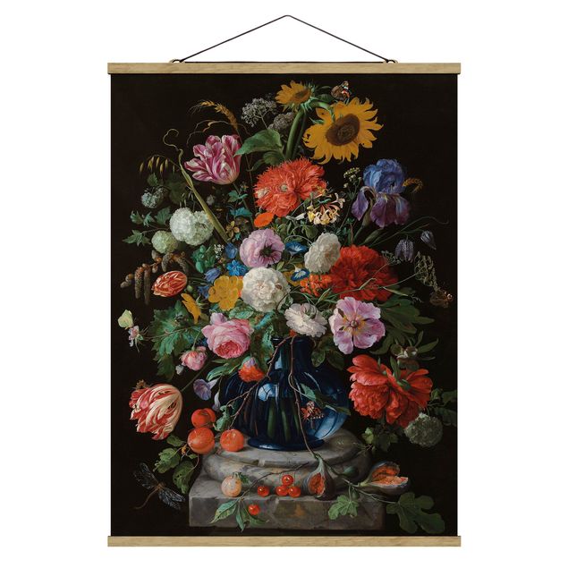 Quadri fiori Jan Davidsz de Heem - Tulipani, un girasole, un'iris e altri fiori in un vaso di vetro sulla base di marmo di una colonna