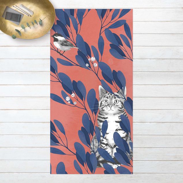 tappeto per esterno Illustrazione - Gatto e uccello su ramo blu rosso