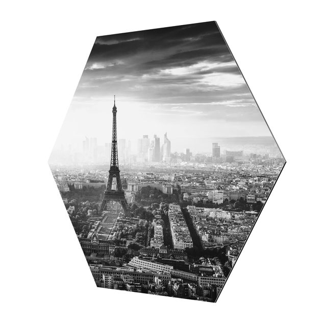 Quadro esagonale La Torre Eiffel dall'alto in bianco e nero
