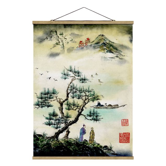 Quadro vintage Disegno acquerello giapponese pino e villaggio di montagna