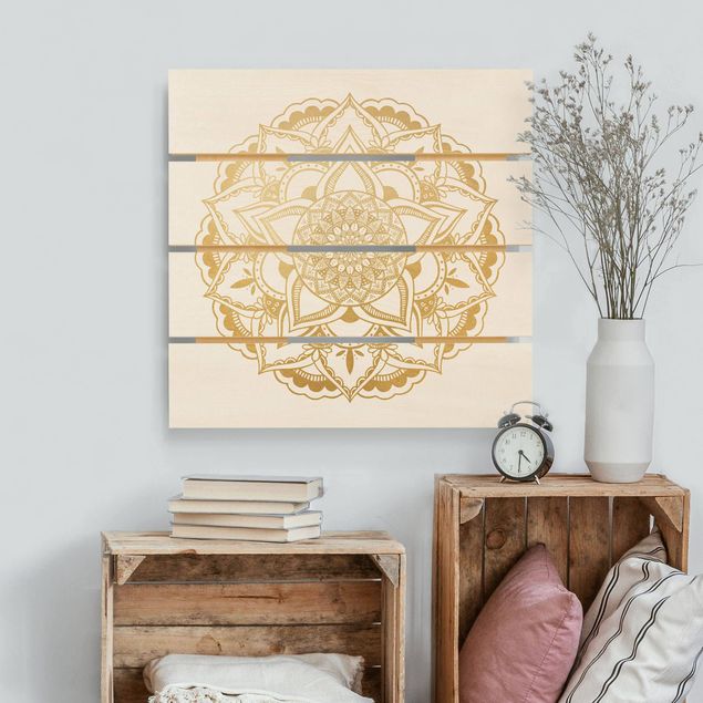 Quadri in legno con disegni Mandala Fiore Oro Bianco