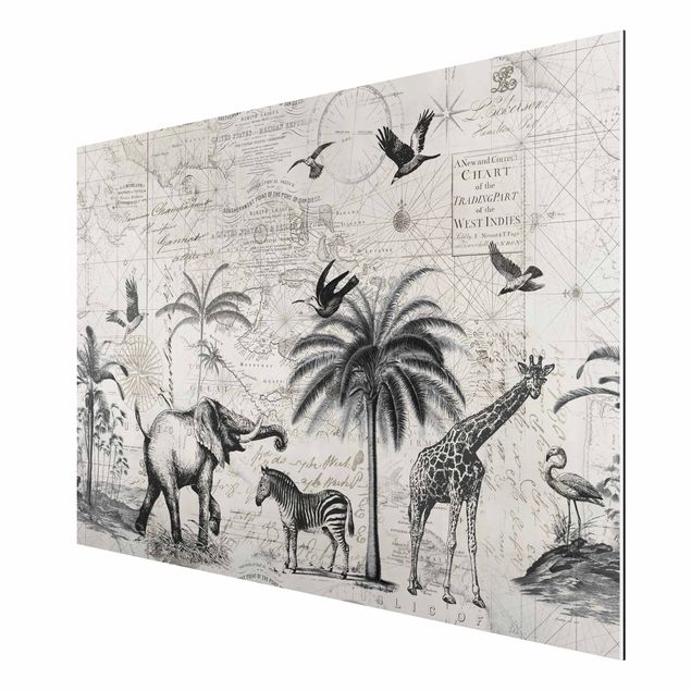 Quadri con elefanti Collage vintage - Mappa esotica
