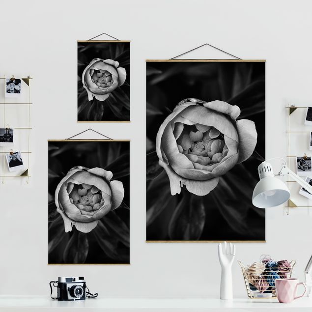 Foto su tessuto da parete con bastone - Peony fiore bianco frontale nero Foglie - Verticale 3:2