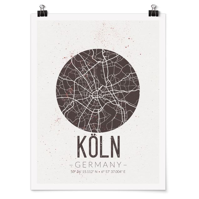 Poster bianco e nero Mappa della città di Colonia - Rétro