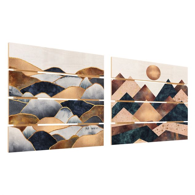 Quadro in legno effetto pallet - Elisabeth Fredriksson - Geometrico & Oro Monti Acquerello - Quadrato 1:1