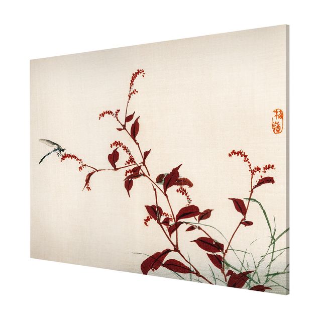 Quadro vintage Disegno vintage asiatico ramo rosso con libellula