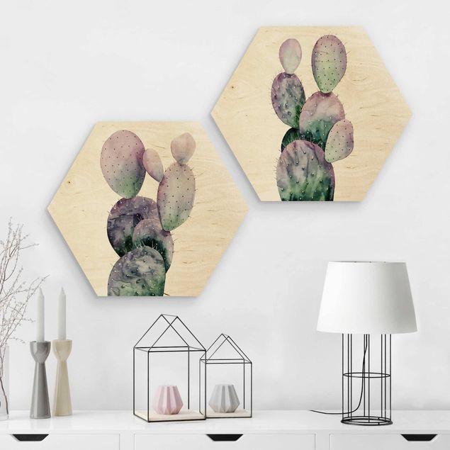 Esagono in legno - Cactus In Viola Set I